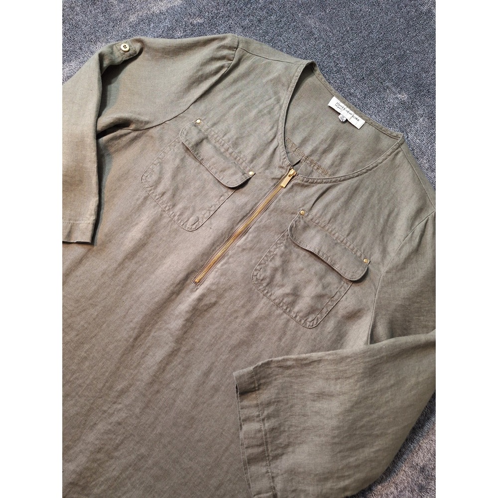 Jones New York 1/4 Zip 100%‎ Linen Tunic Blouse M Army Green Gold Coastal